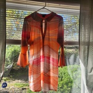Arden B. Vibrant Striped Sheer Tunic with Flute Sleeves Size Large, EUC